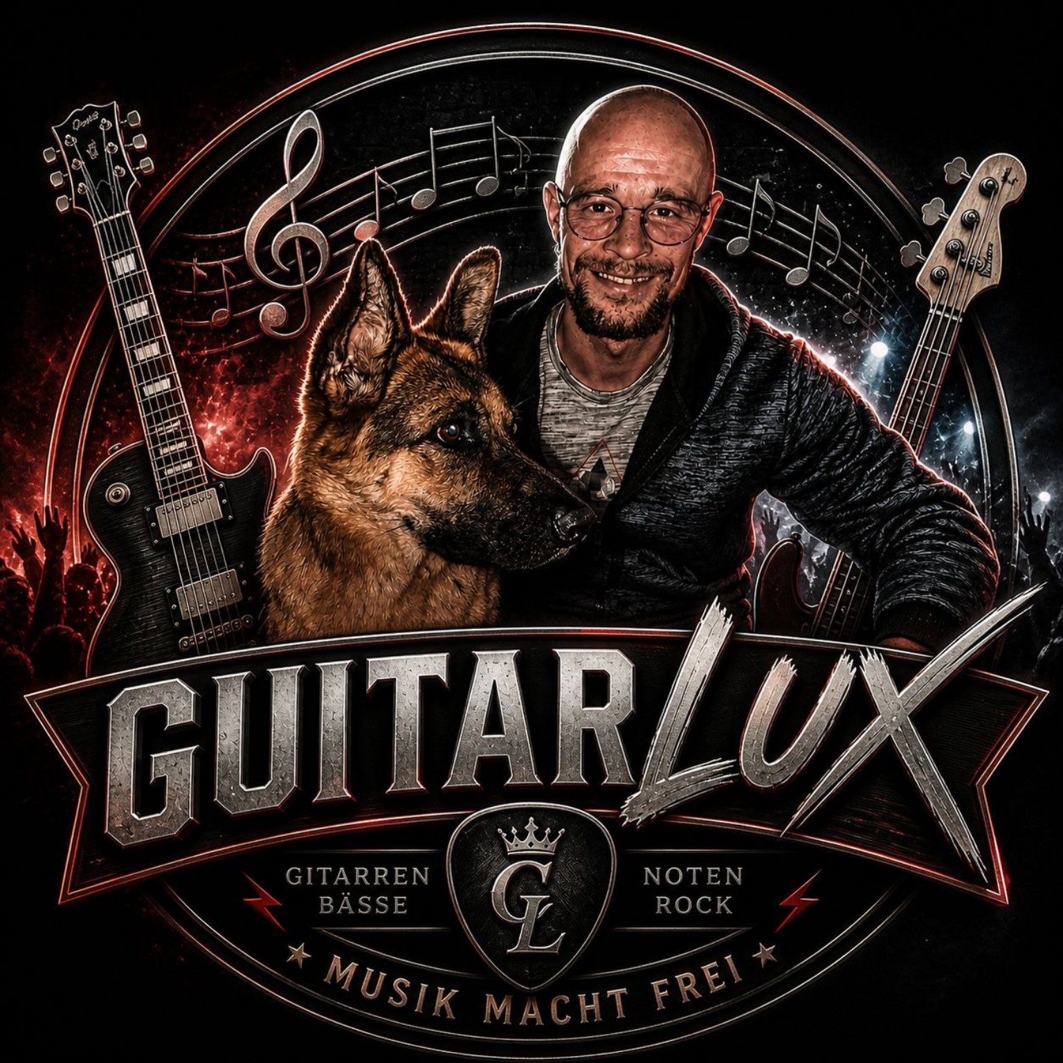 GuitarLux Logo mit Person und Hund